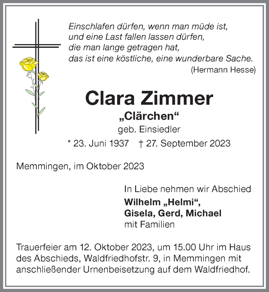 Traueranzeigen von Clara Zimmer Allgäuer Zeitung