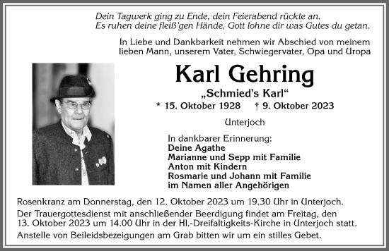 Traueranzeigen von Karl Gehring Allgäuer Zeitung