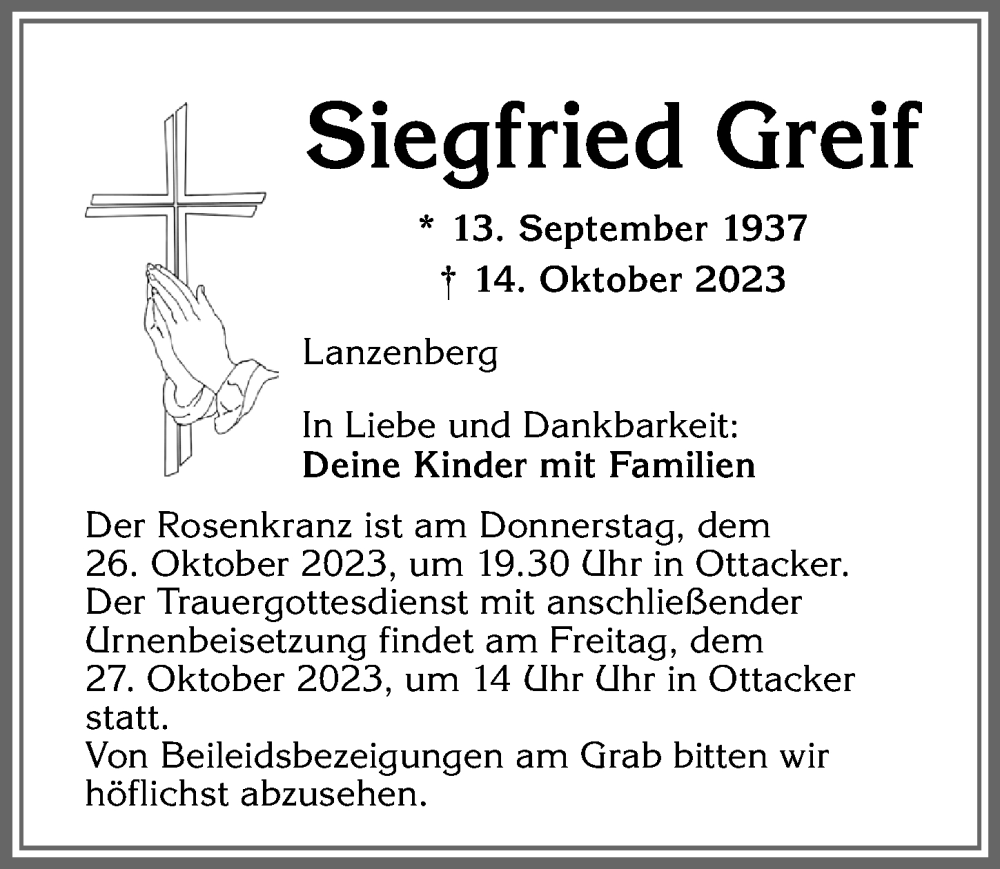 Traueranzeigen von Siegfried Greif Allgäuer Zeitung