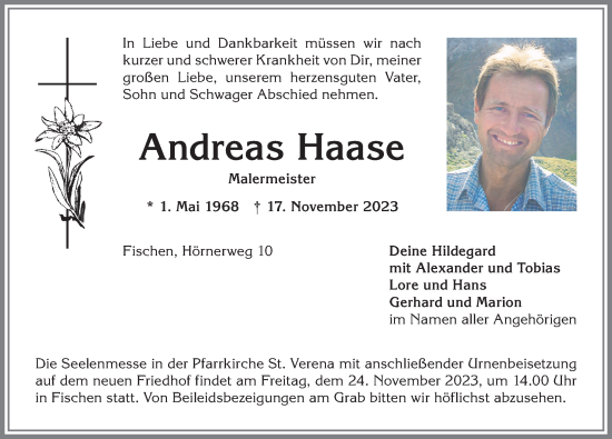 Traueranzeigen Von Andreas Haase Allg Uer Zeitung