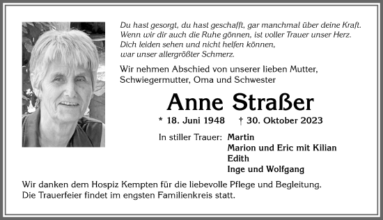 Traueranzeigen Von Anne Stra Er Allg Uer Zeitung