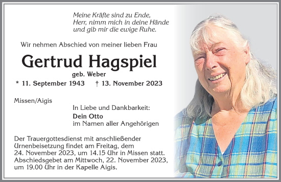 Traueranzeigen von Gertrud Hagspiel Allgäuer Zeitung