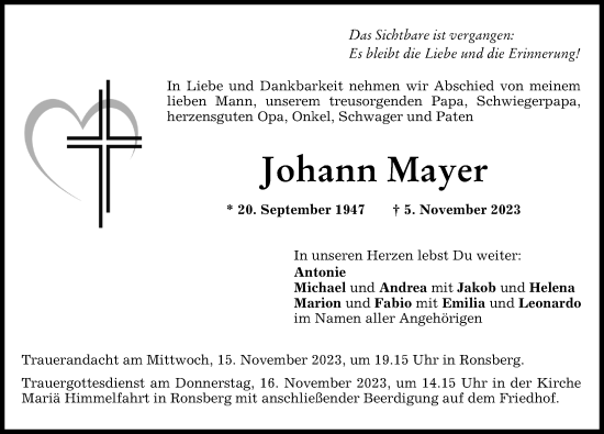 Traueranzeigen von Johann Mayer Allgäuer Zeitung