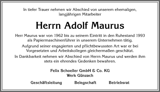 Traueranzeigen von Adolf Maurus Allgäuer Zeitung