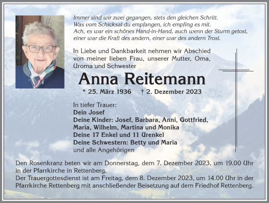 Traueranzeigen von Anna Reitemann Allgäuer Zeitung