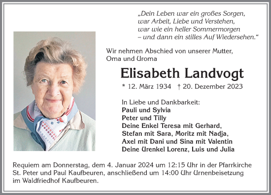 Traueranzeigen von Elisabeth Landvogt Allgäuer Zeitung