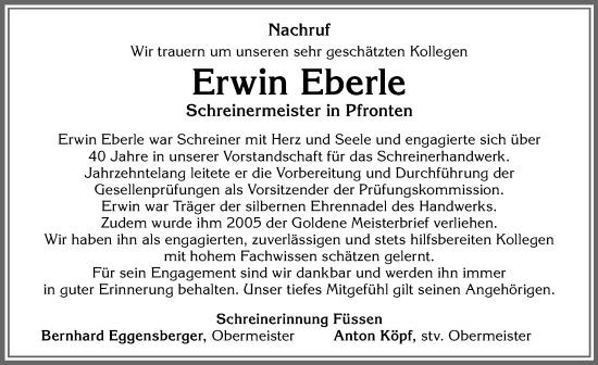 Traueranzeigen Von Erwin Eberle Allg Uer Zeitung