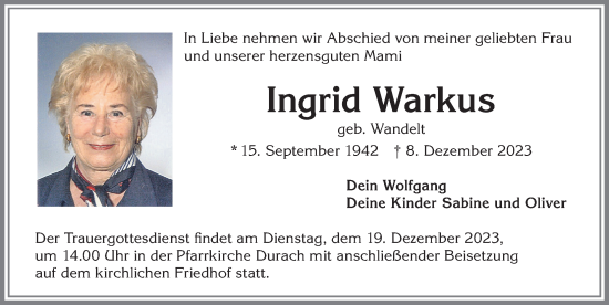 Traueranzeigen von Ingrid Warkus Allgäuer Zeitung