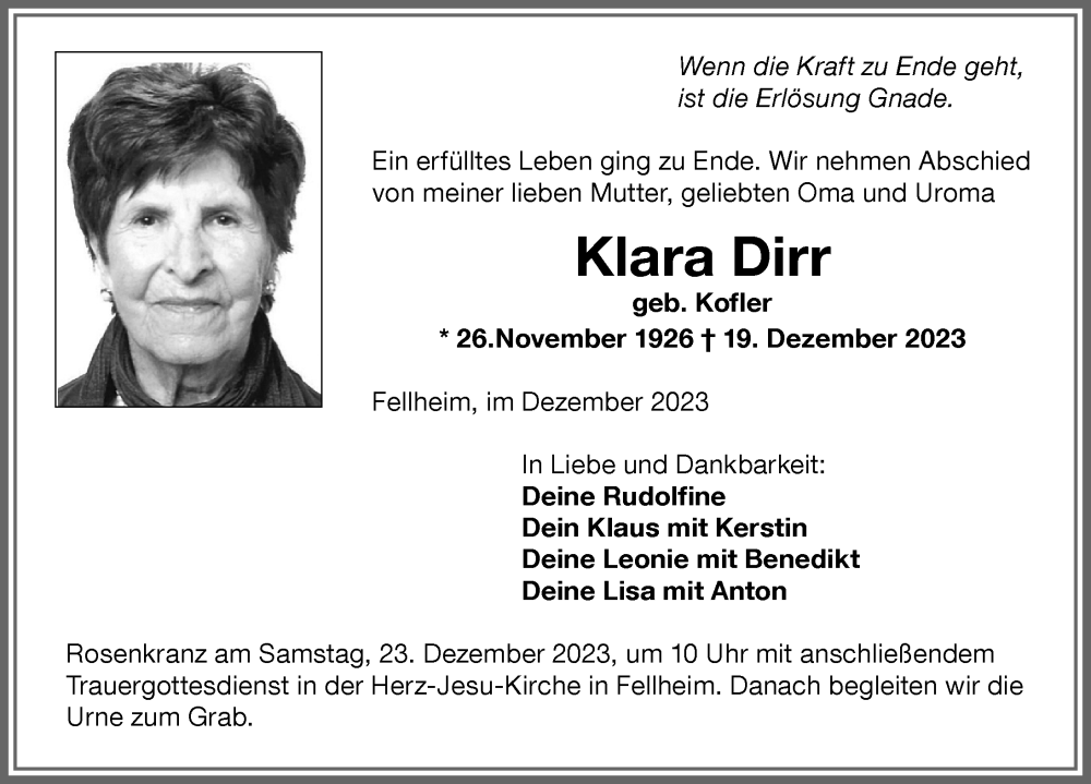 Traueranzeigen Von Klara Dirr Allg Uer Zeitung