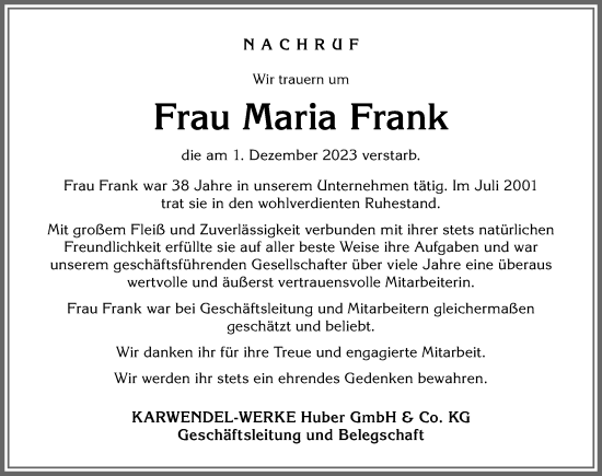 Traueranzeigen Von Maria Frank Allg Uer Zeitung