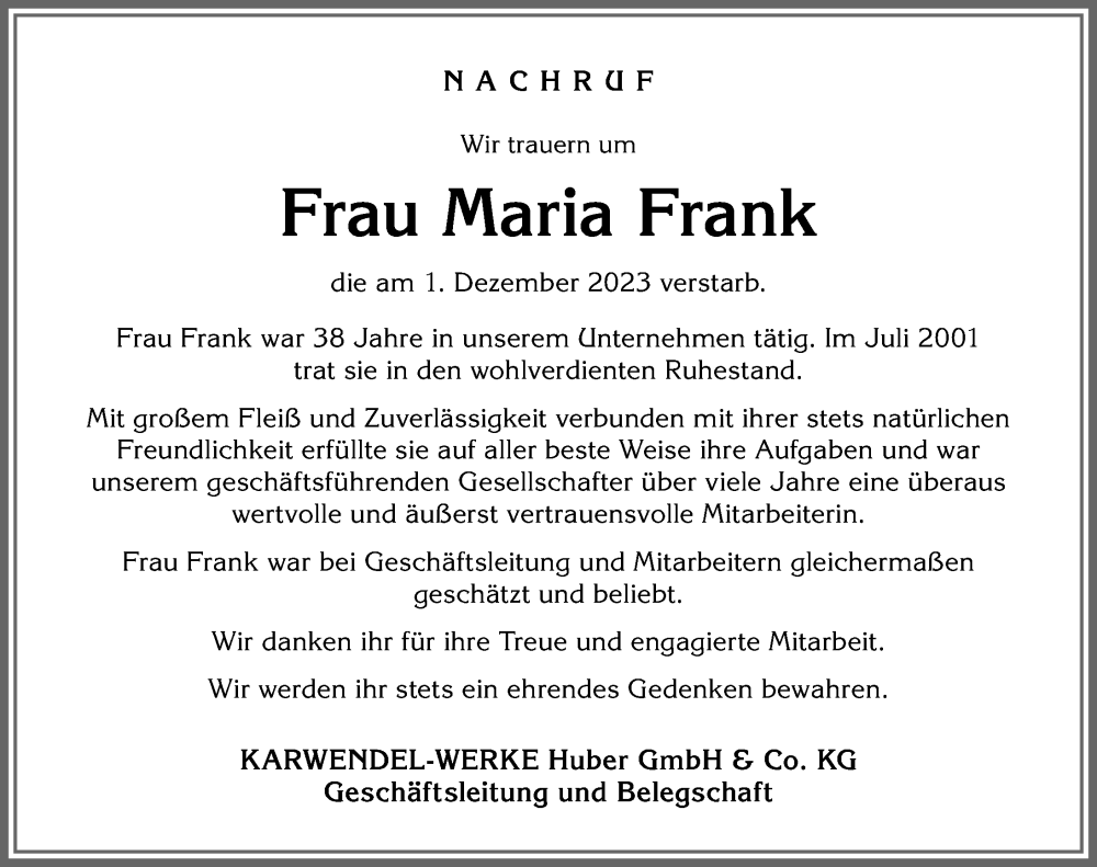 Traueranzeigen Von Maria Frank Allg Uer Zeitung