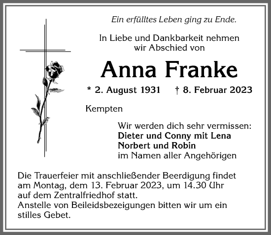 Traueranzeigen von Anna Franke Allgäuer Zeitung