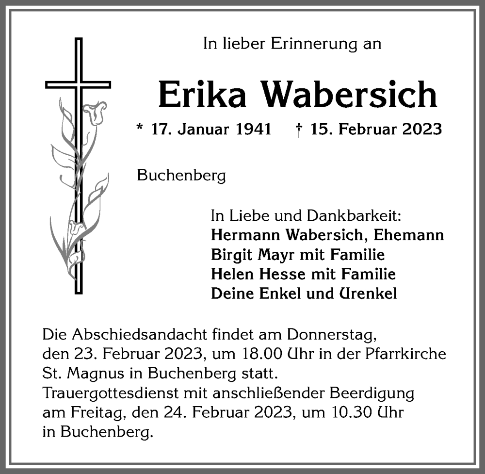 Traueranzeigen Von Erika Wabersich Allg Uer Zeitung