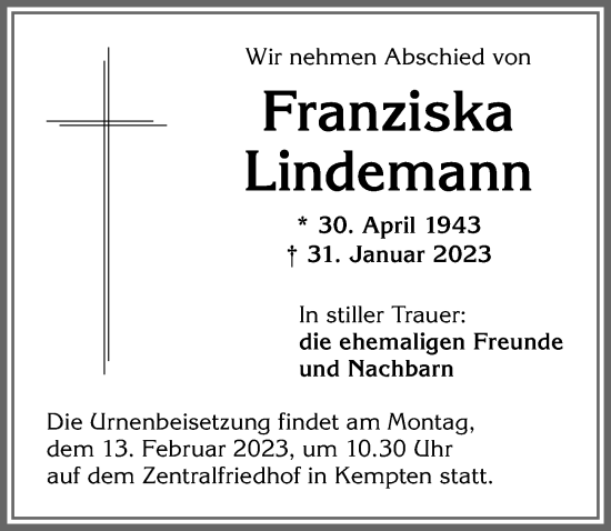 Traueranzeigen von Franziska Lindemann Allgäuer Zeitung