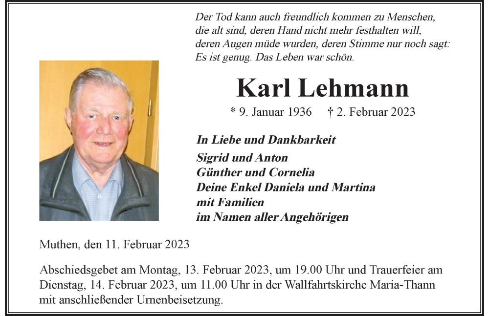 Traueranzeigen Von Karl Lehmann Allg Uer Zeitung