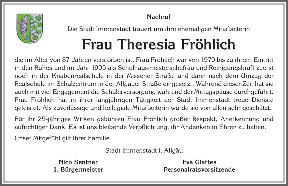 Traueranzeigen von Theresia Fröhlich Allgäuer Zeitung