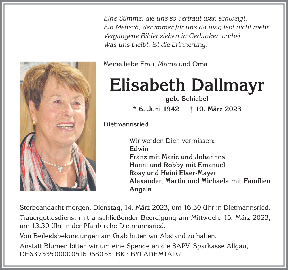 Traueranzeigen von Elisabeth Dallmayr Allgäuer Zeitung