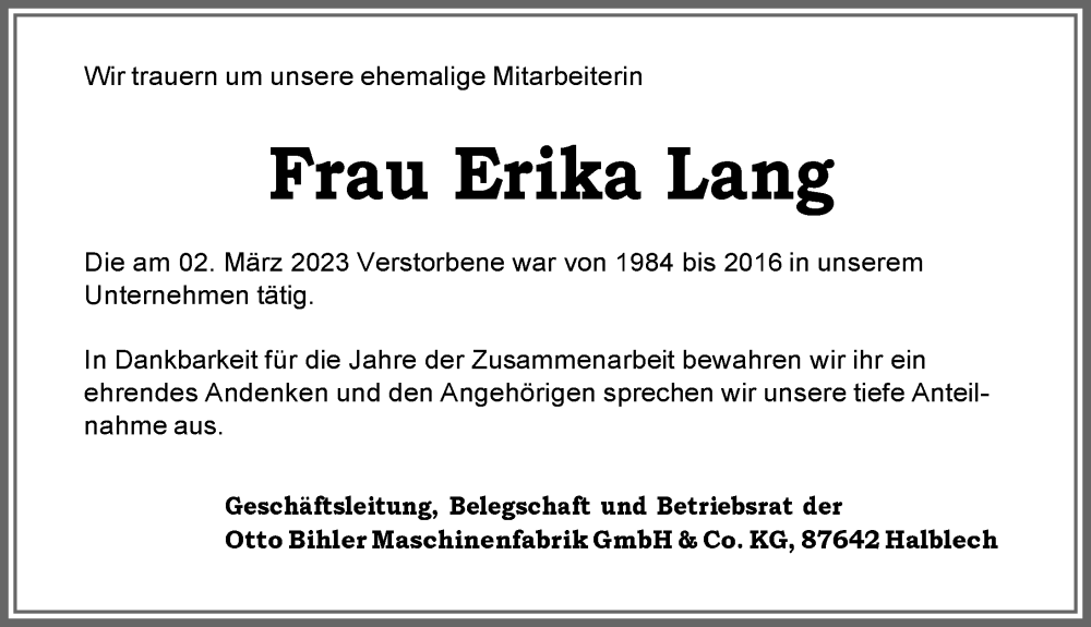 Traueranzeigen von Erika Lang Allgäuer Zeitung