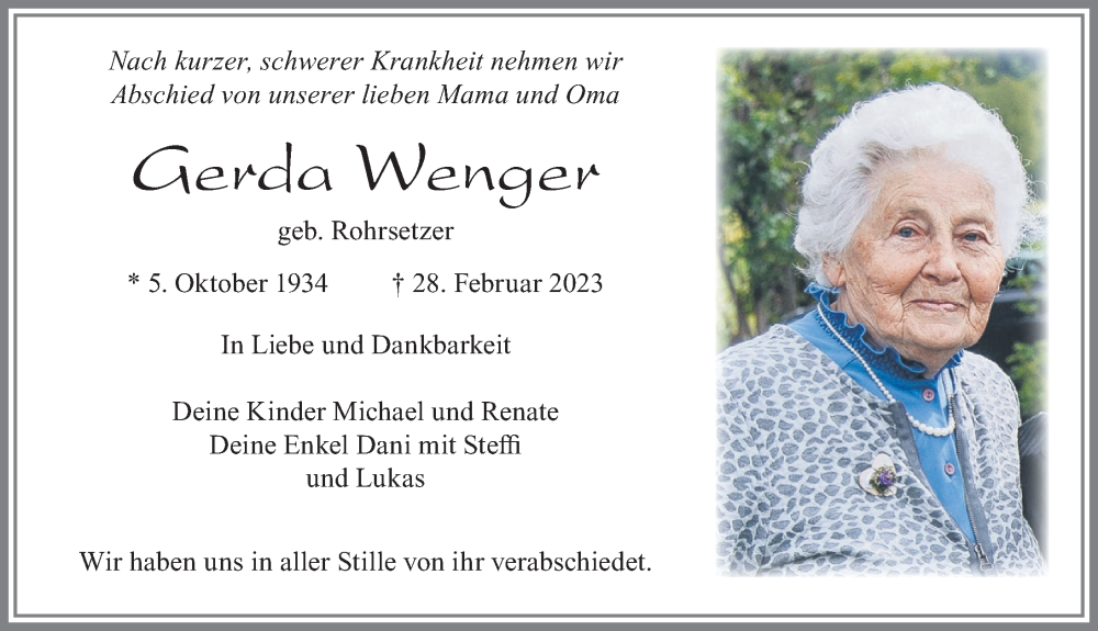 Traueranzeigen Von Gerda Wenger Allg Uer Zeitung