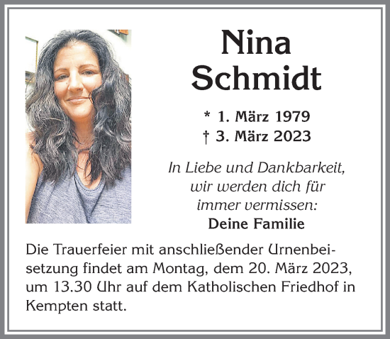 Traueranzeigen Von Nina Schmidt Allg Uer Zeitung