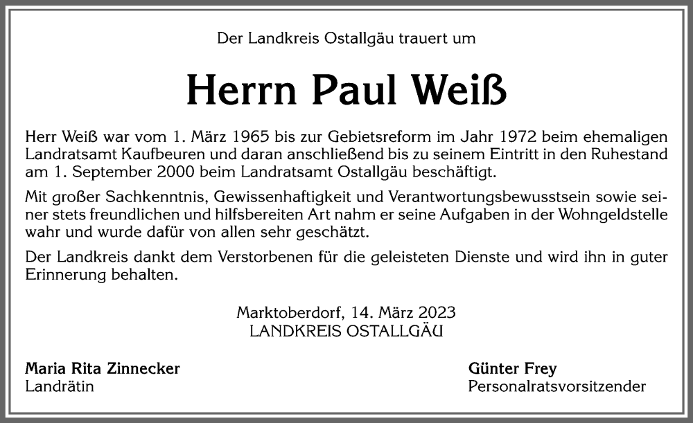 Traueranzeigen von Paul Weiß Allgäuer Zeitung