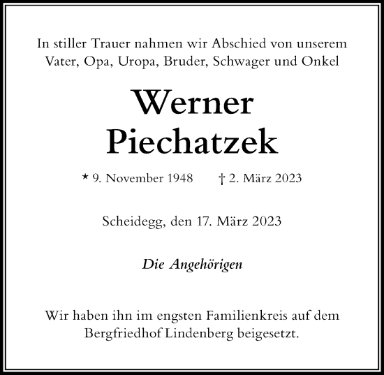 Traueranzeigen von Werner Piechatzek Allgäuer Zeitung