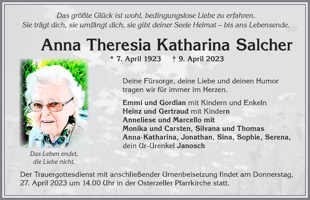 Traueranzeigen von Anna Theresia Katharina Salcher Allgäuer Zeitung