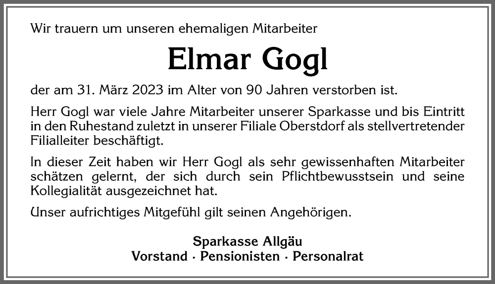 Traueranzeigen Von Elmar Gogl Allg Uer Zeitung