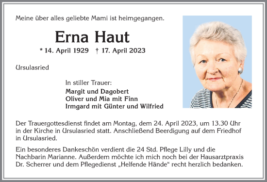 Traueranzeigen von Erna Haut Allgäuer Zeitung