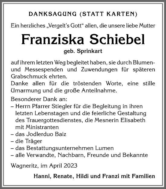 Traueranzeigen Von Franziska Schiebel Allg Uer Zeitung