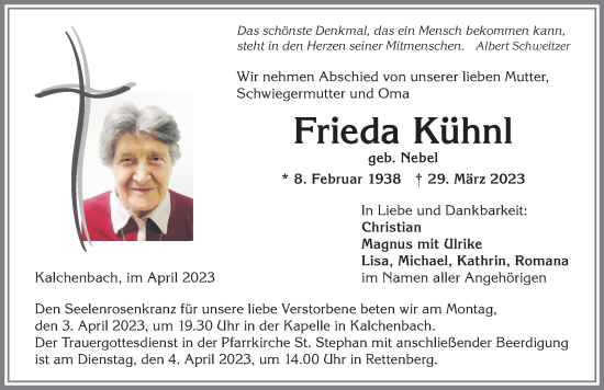 Traueranzeigen von Frieda Kühn Allgäuer Zeitung