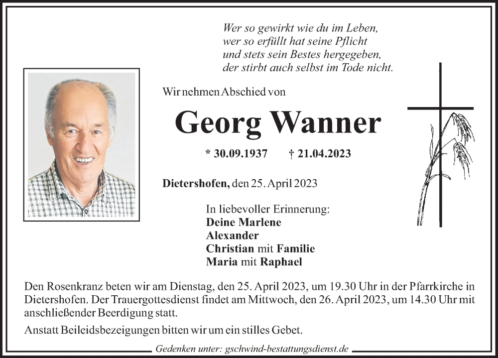 Traueranzeigen Von Georg Wanner Allg Uer Zeitung