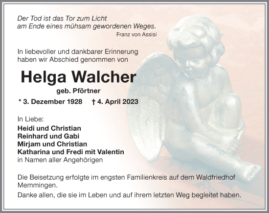 Traueranzeigen Von Helga Walcher Allg Uer Zeitung