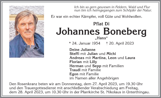 Traueranzeigen Von Johannes Boneberg Allg Uer Zeitung