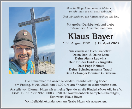 Traueranzeigen von Klaus Bayer Allgäuer Zeitung