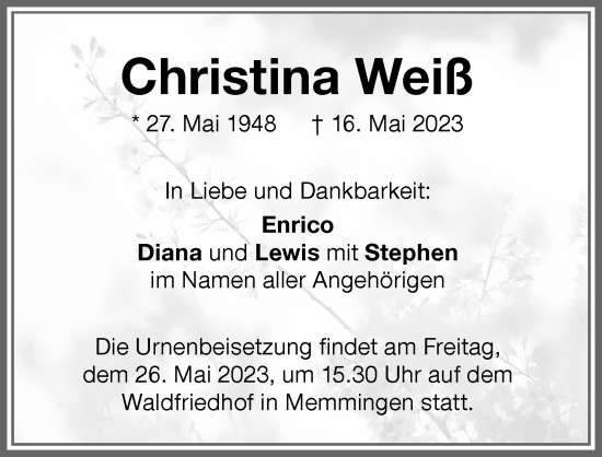 Traueranzeigen von Christina Weiß Allgäuer Zeitung