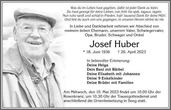 Traueranzeigen Von Josef Huber Allg Uer Zeitung