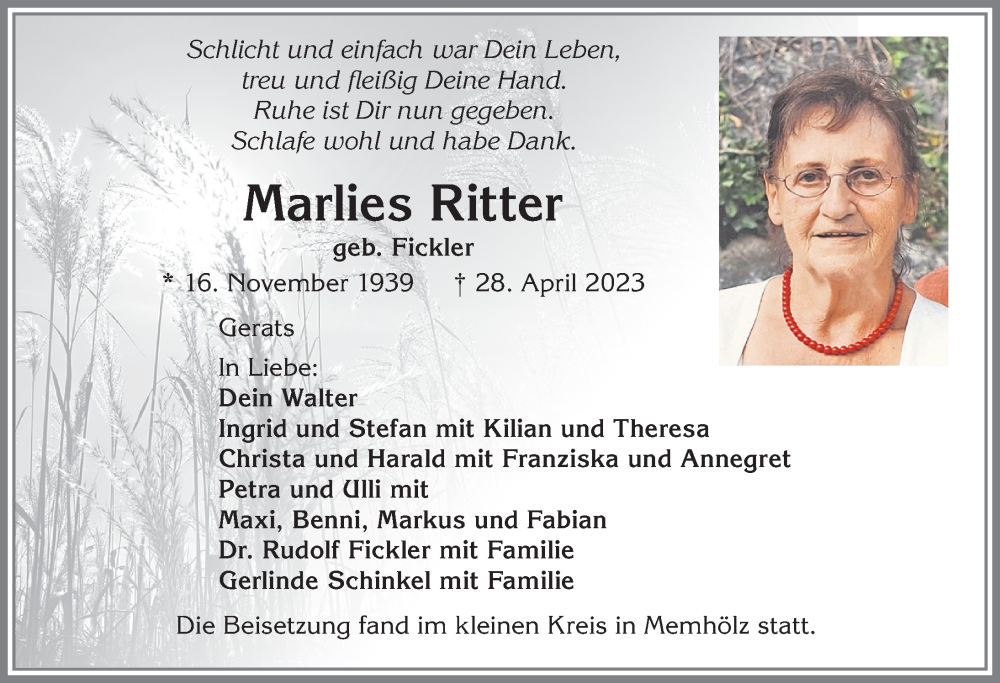 Traueranzeigen von Marlies Ritter Allgäuer Zeitung