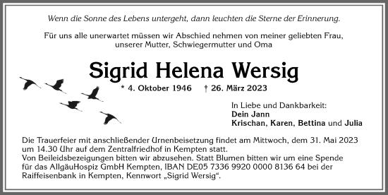 Traueranzeigen von Sigrid Helena Wersig Allgäuer Zeitung