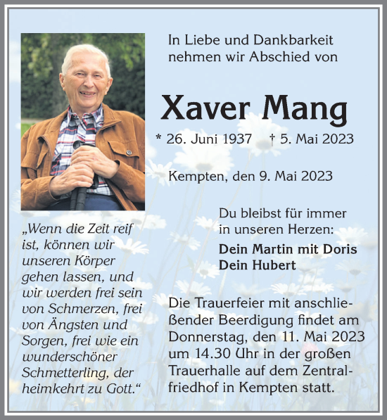 Traueranzeigen von Xaver Mang Allgäuer Zeitung