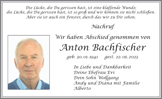 Traueranzeigen von Anton Bachfischer Allgäuer Zeitung