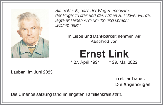 Traueranzeigen Von Ernst Link Allg Uer Zeitung