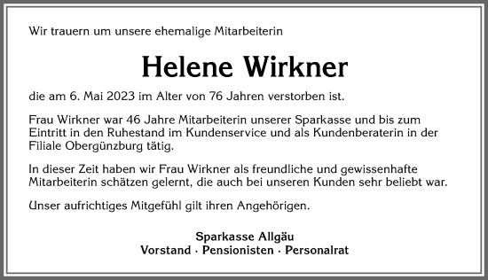 Traueranzeigen von Helene Wirkner Allgäuer Zeitung