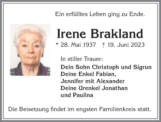 Traueranzeigen von Irene Brakland Allgäuer Zeitung