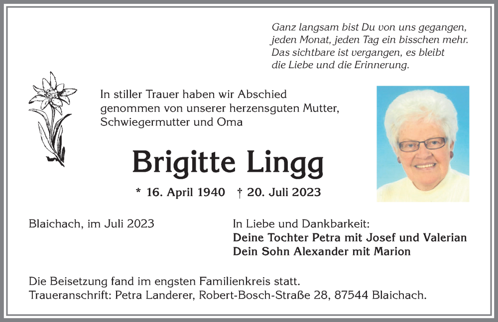 Traueranzeigen von Brigitte Lingg Allgäuer Zeitung