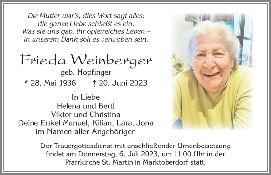 Traueranzeigen von Frieda Weinberger Allgäuer Zeitung