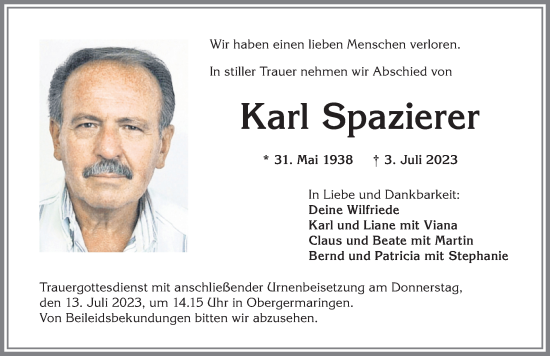 Traueranzeigen von Karl Spazierer Allgäuer Zeitung