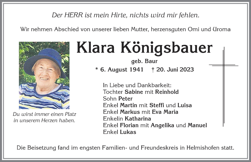 Traueranzeigen Von Klara K Nigsbauer Allg Uer Zeitung