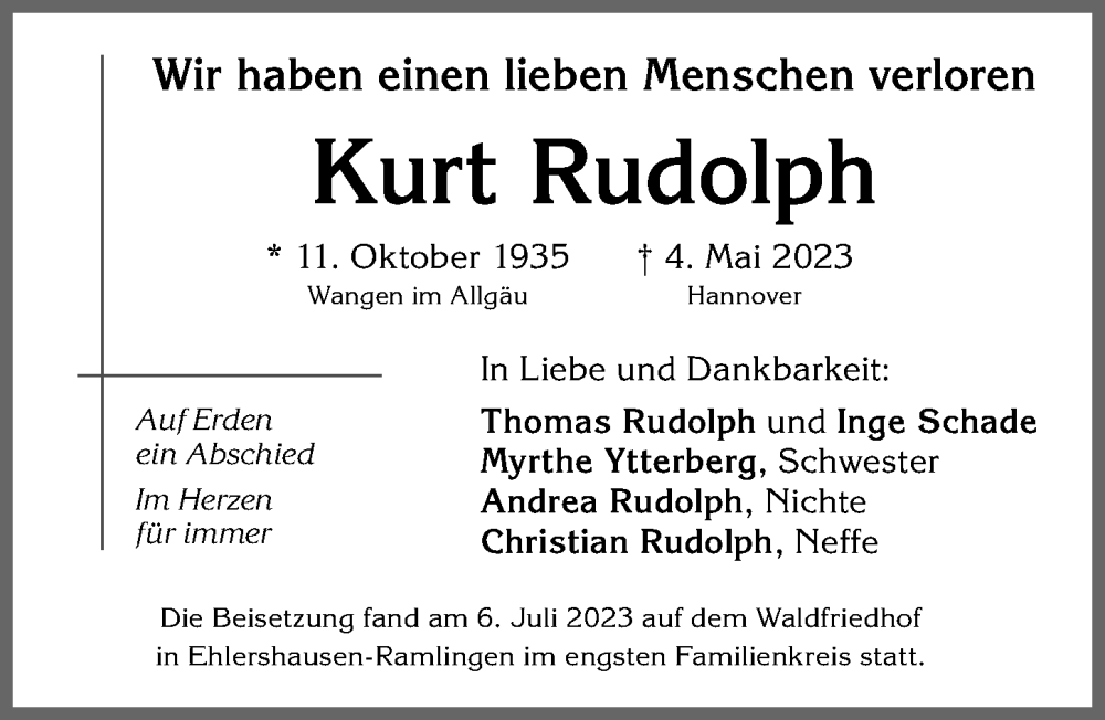 Traueranzeigen Von Kurt Rudolph Allg Uer Zeitung