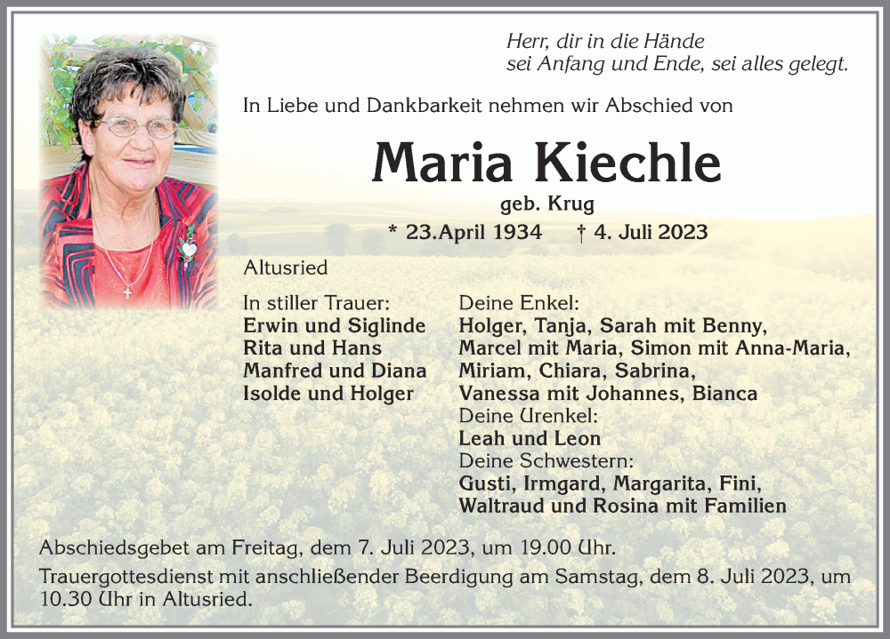 Traueranzeigen Von Maria Kiechle Allg Uer Zeitung